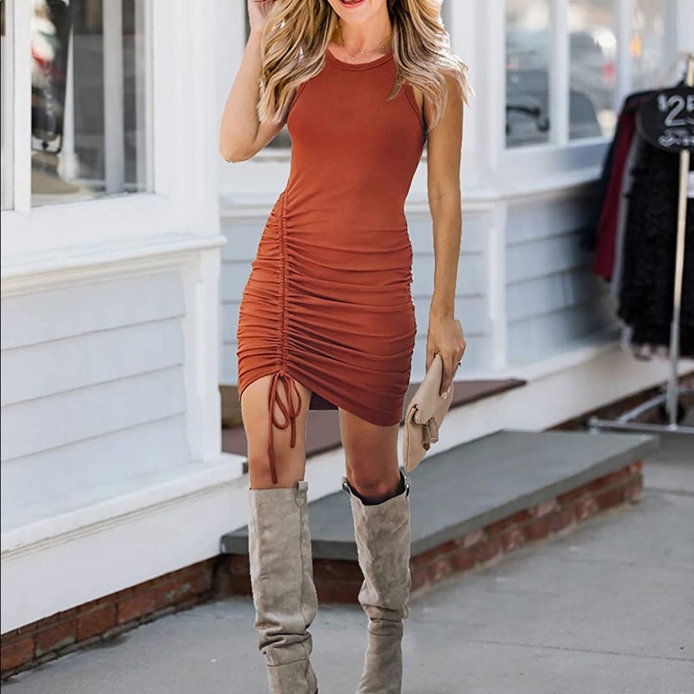 Brick red BTFBM Sleeveless Tank Bodycon Irregular Ruched Drawstring dress Small